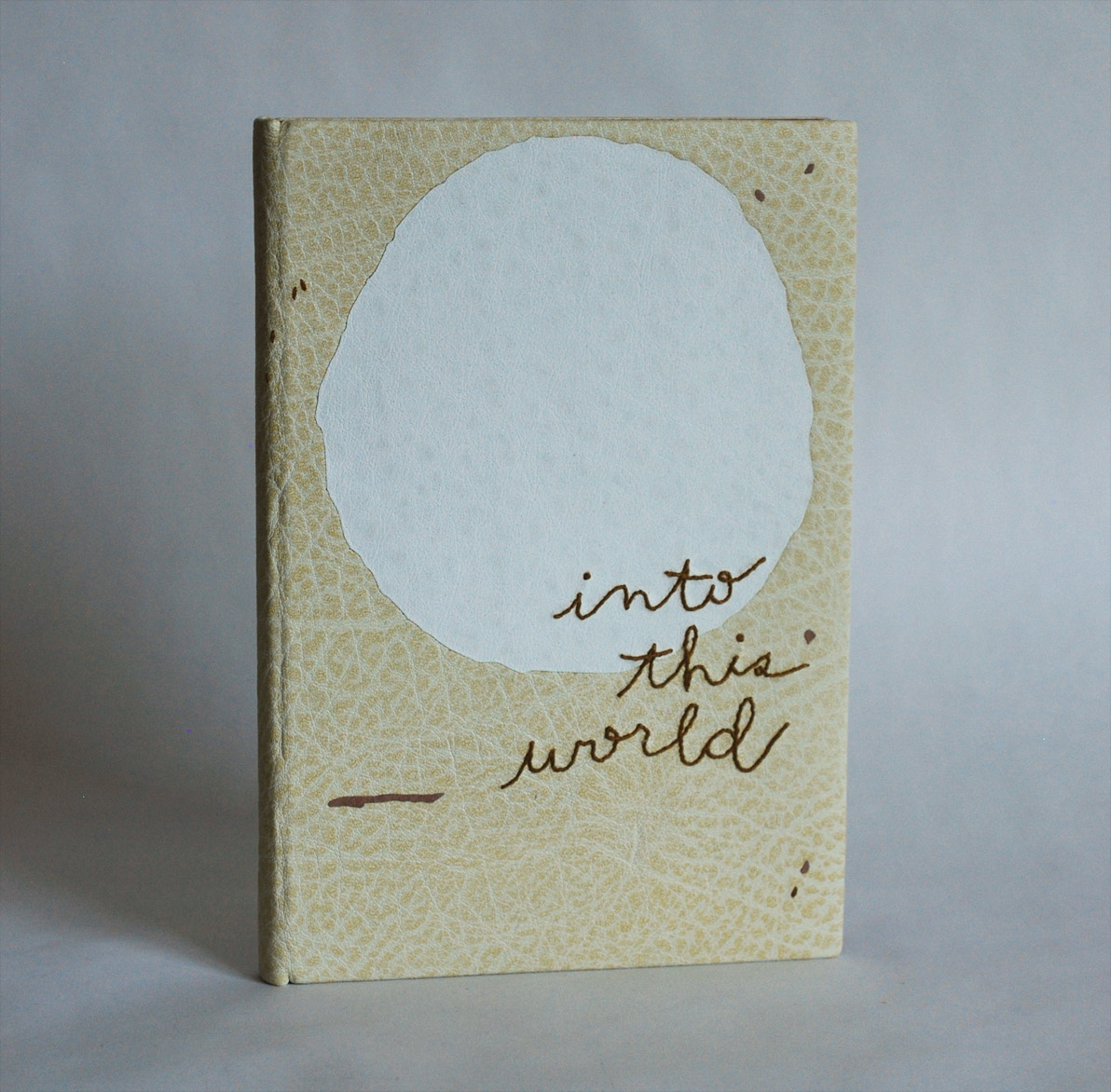 Front cover of Into This World binding on a white table.