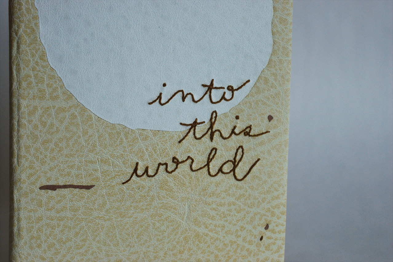 Close-up of front cover of Into This World binding on a white table.