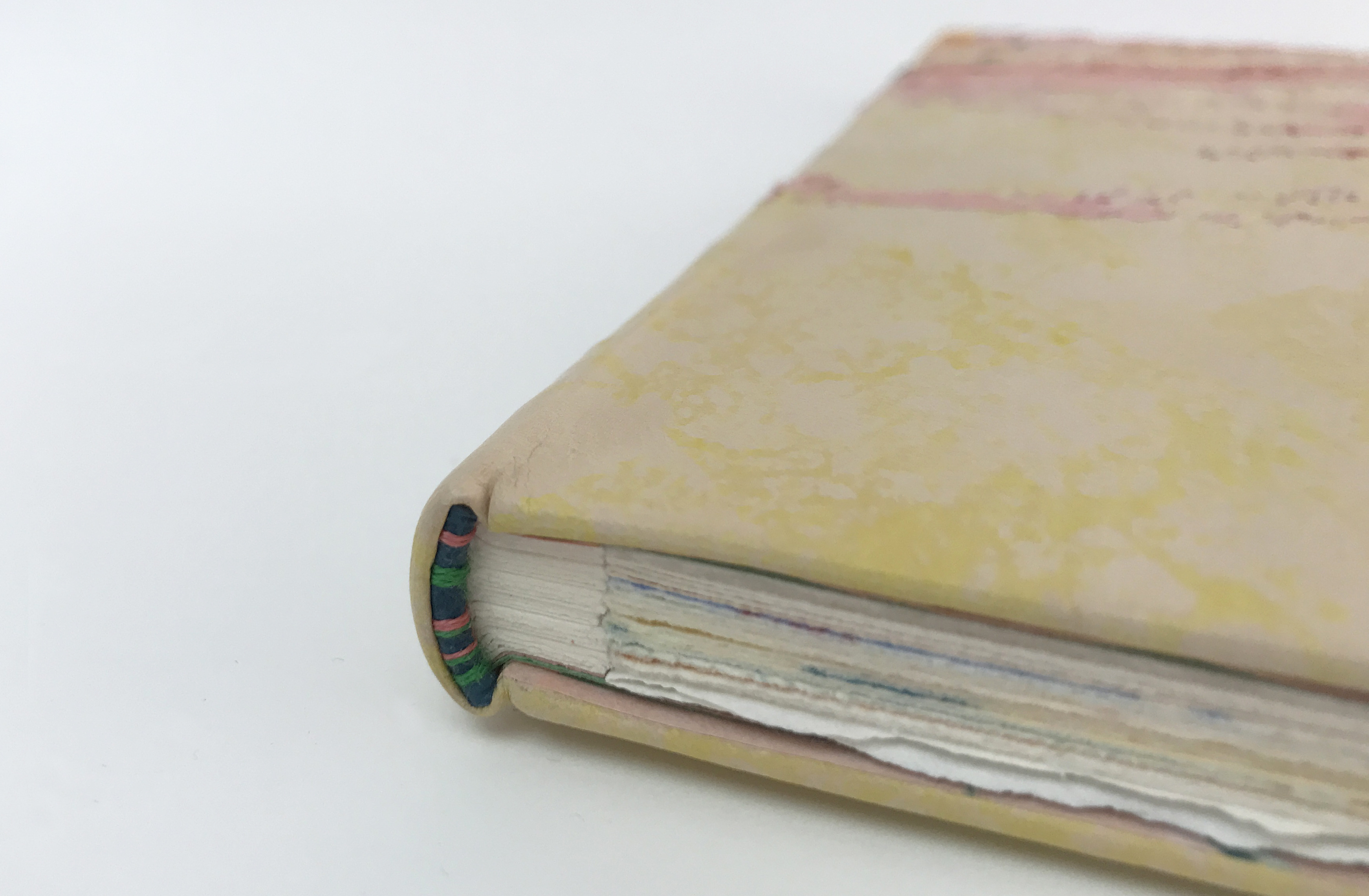 Close-up of front cover of Mishtiku binding on a white table.