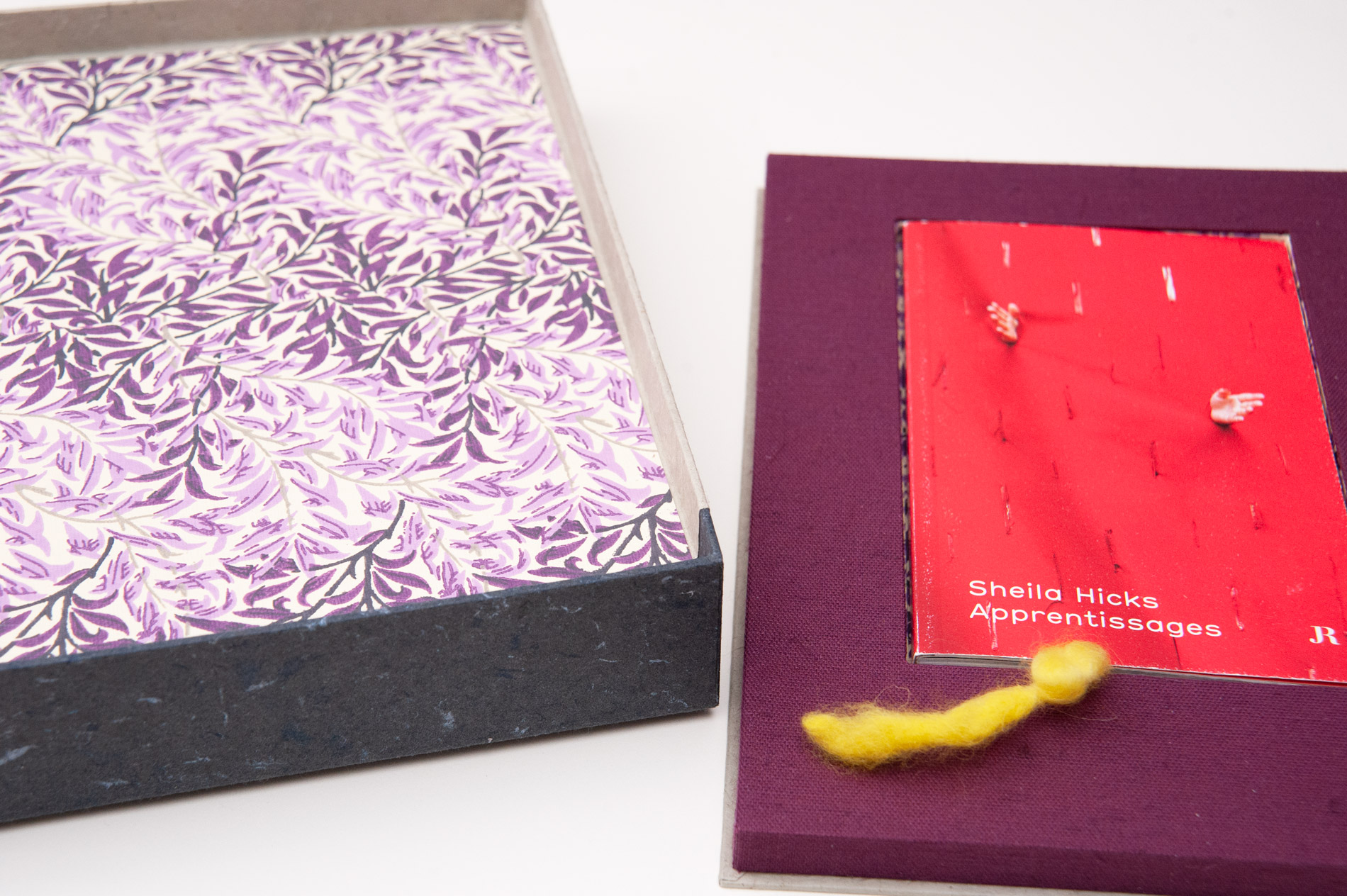 Custom tray and box for Sheila Hicks Apprentissages book on a white table.