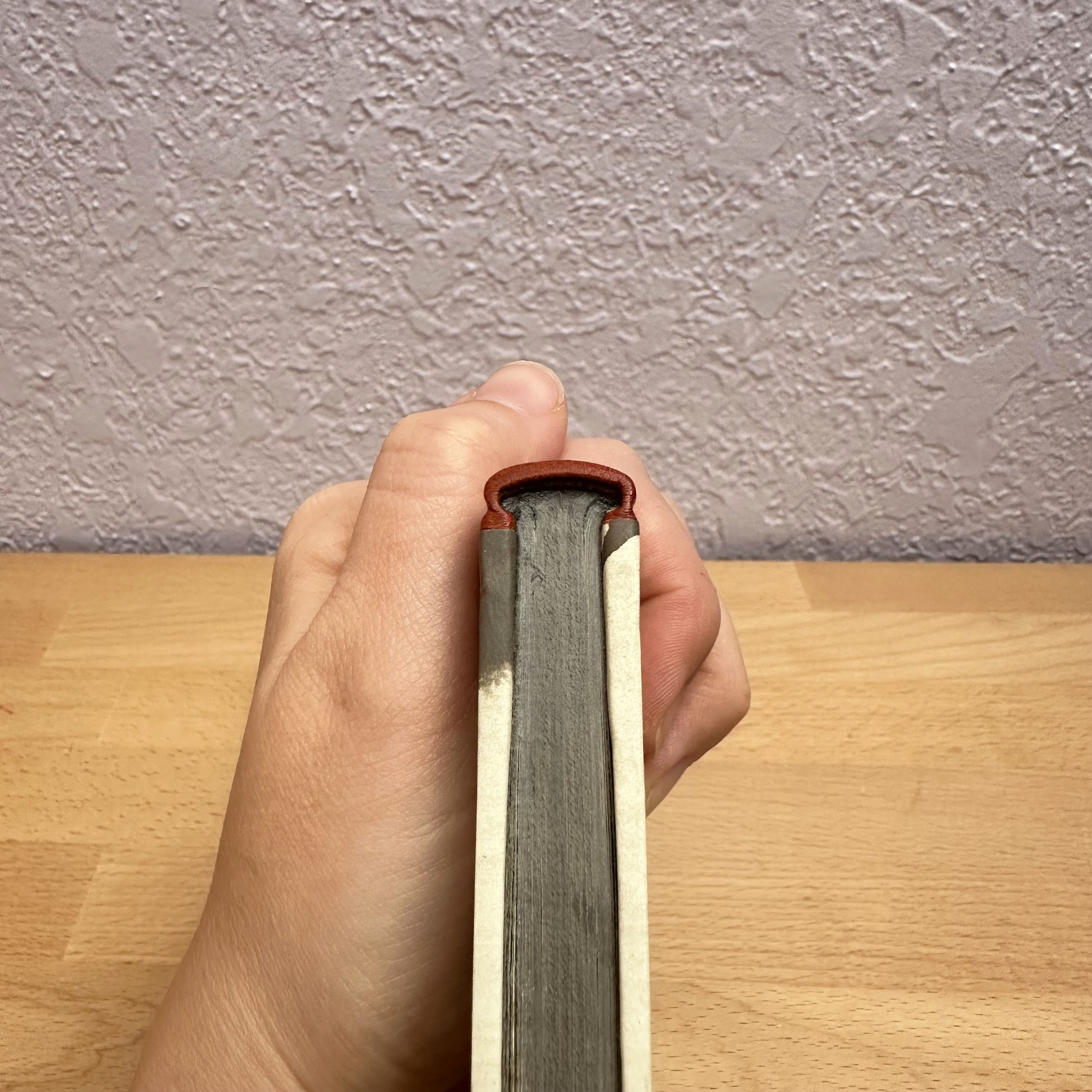 Artist showing the spine of a Millimeter binding.